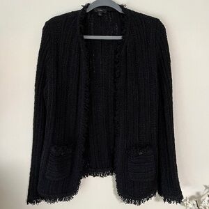 J crew black slouchy knit open front cardigan fringe details size L